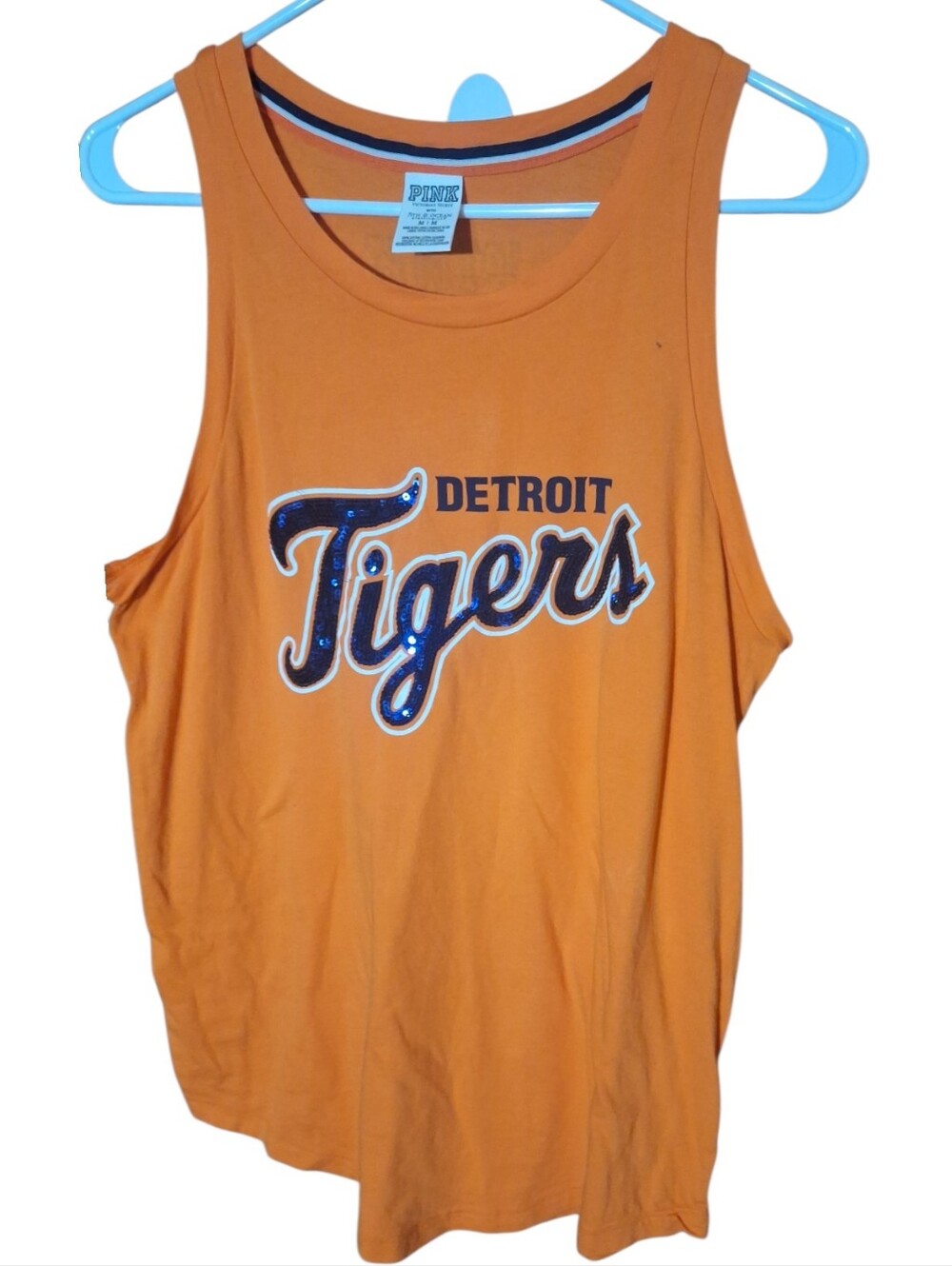 Victoria's Secret PINK MLB Detroit Tigers Orange Sequin Script Graphic Tank M